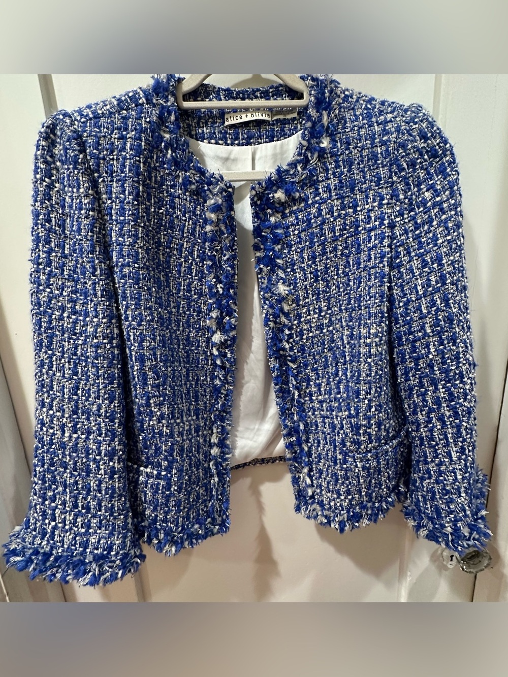Alice + Olivia Royal Blue & White Tweed Fringe Jacket